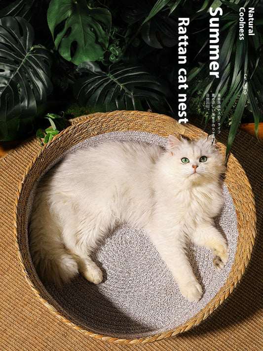 KFX-2549437 Handmade Straw Cotton Cat Nest Mat - Summer Cool Design for Small to Large Cats