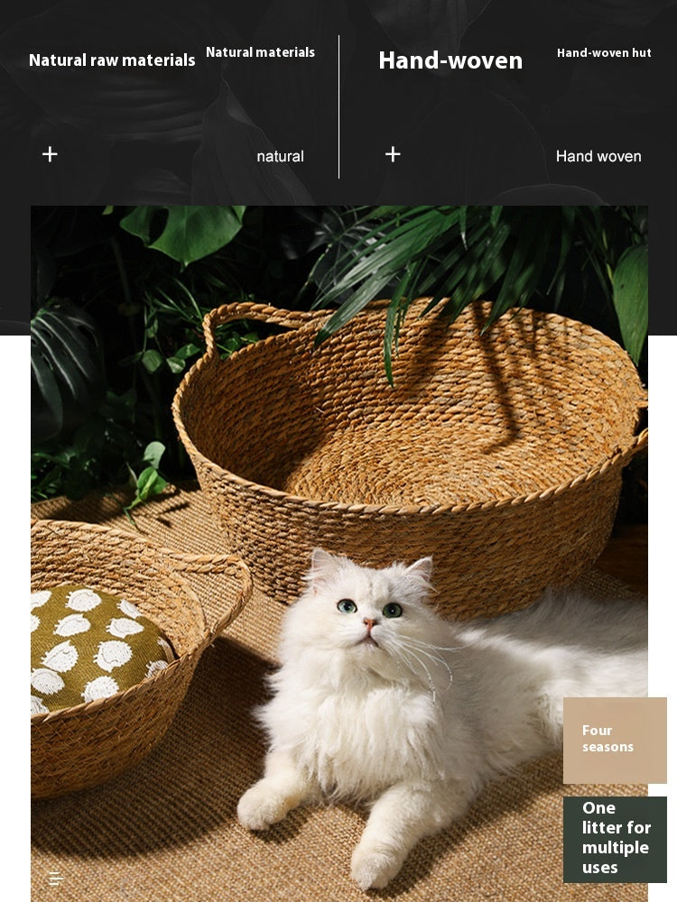 KFX-2549437 Handmade Straw Cotton Cat Nest Mat - Summer Cool Design for Small to Large Cats