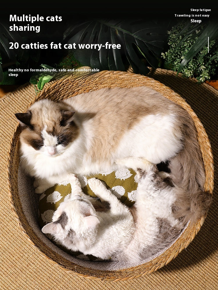 KFX-2549437 Handmade Straw Cotton Cat Nest Mat - Summer Cool Design for Small to Large Cats