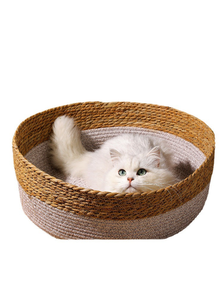 KFX-2549437 Handmade Straw Cotton Cat Nest Mat - Summer Cool Design for Small to Large Cats