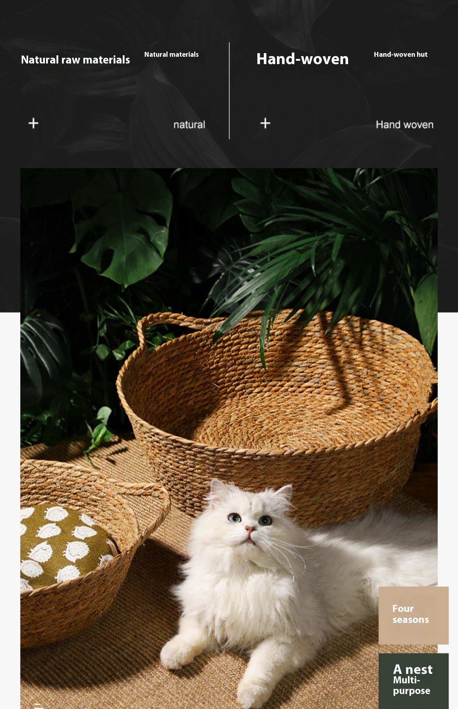 KFX-2549437 Handmade Straw Cotton Cat Nest Mat - Summer Cool Design for Small to Large Cats