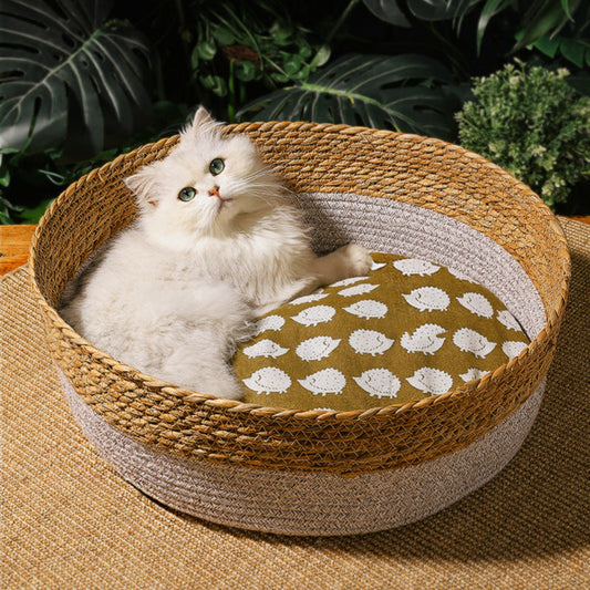 KFX-2549437 Handmade Straw Cotton Cat Nest Mat - Summer Cool Design for Small to Large Cats
