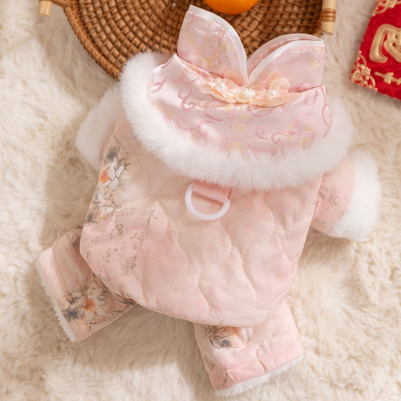 KFX-2549949 Winter-Ready Floral Quilted Dog Overalls with Faux Fur Trim for Small Dogs