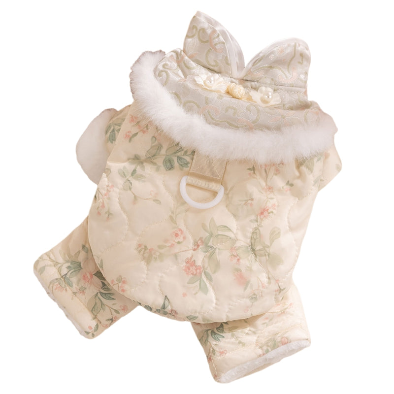 KFX-2549949 Winter-Ready Floral Quilted Dog Overalls with Faux Fur Trim for Small Dogs