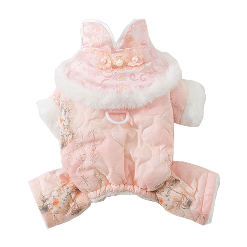 KFX-2549949 Winter-Ready Floral Quilted Dog Overalls with Faux Fur Trim for Small Dogs