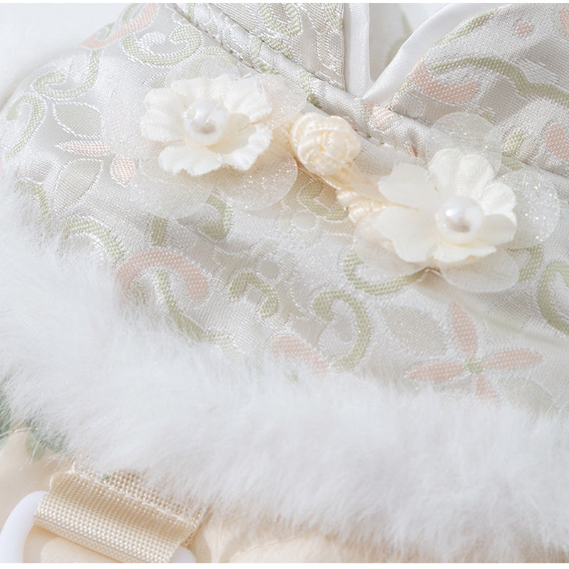 KFX-2549949 Winter-Ready Floral Quilted Dog Overalls with Faux Fur Trim for Small Dogs