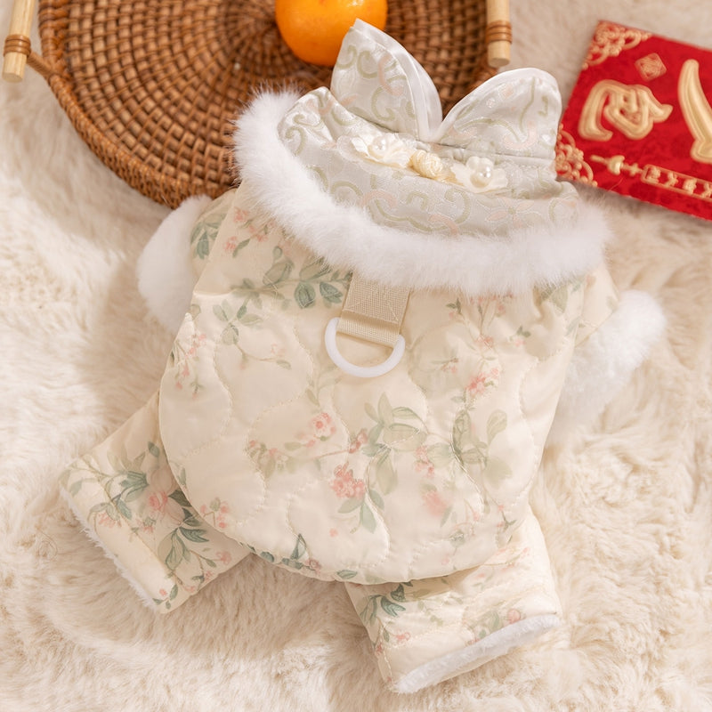 KFX-2549949 Winter-Ready Floral Quilted Dog Overalls with Faux Fur Trim for Small Dogs