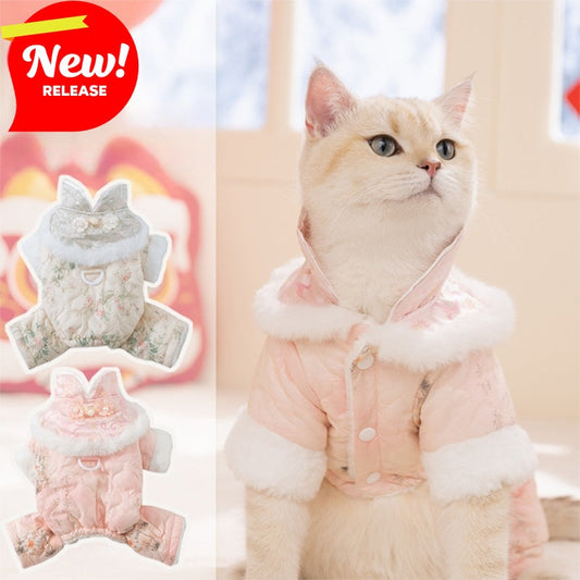 KFX-2549949 Winter-Ready Floral Quilted Dog Overalls with Faux Fur Trim for Small Dogs