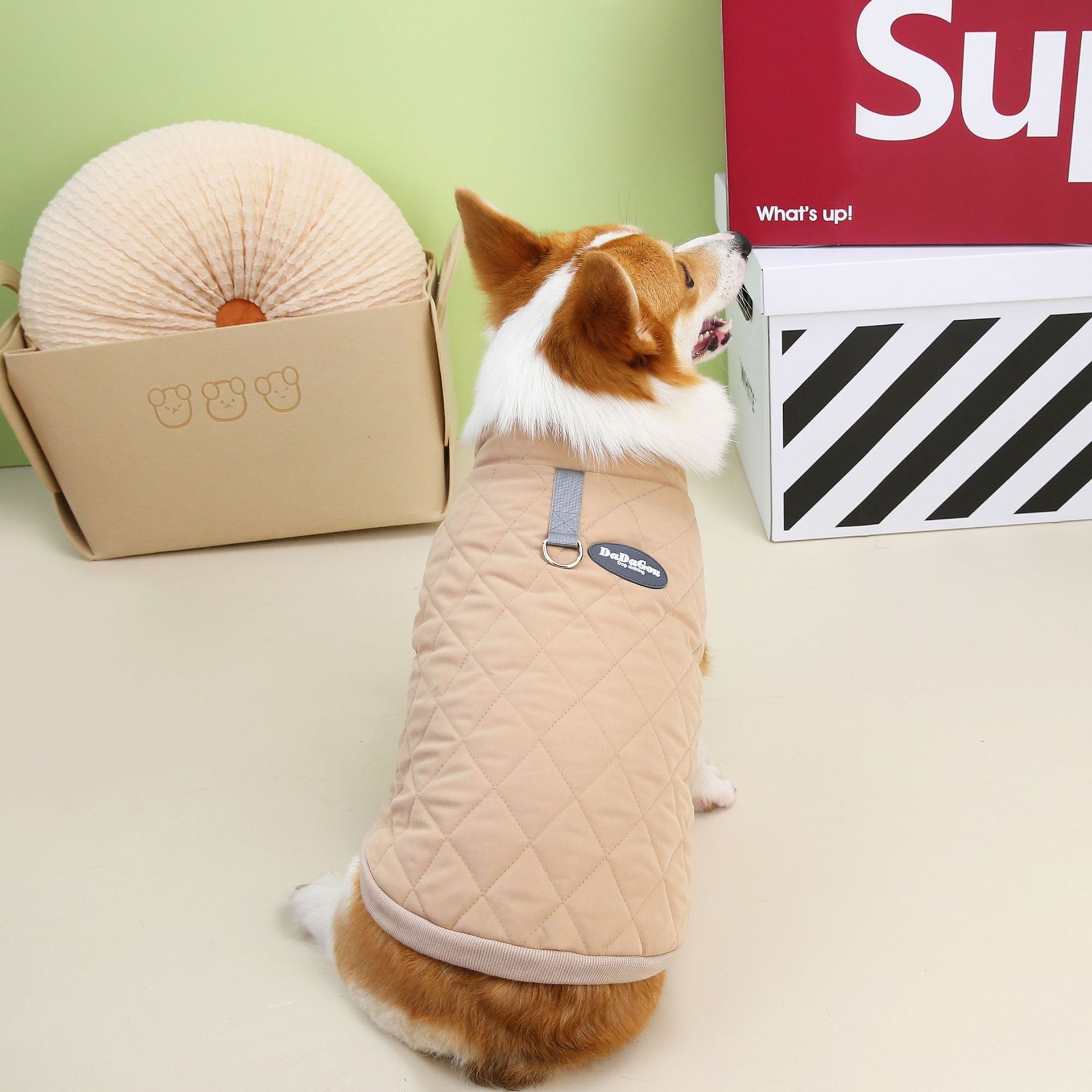 KFX-2550973 Corgi Diamond Lattice Cotton-padded Coat for Autumn and Winter - Khaki and Green Options Available