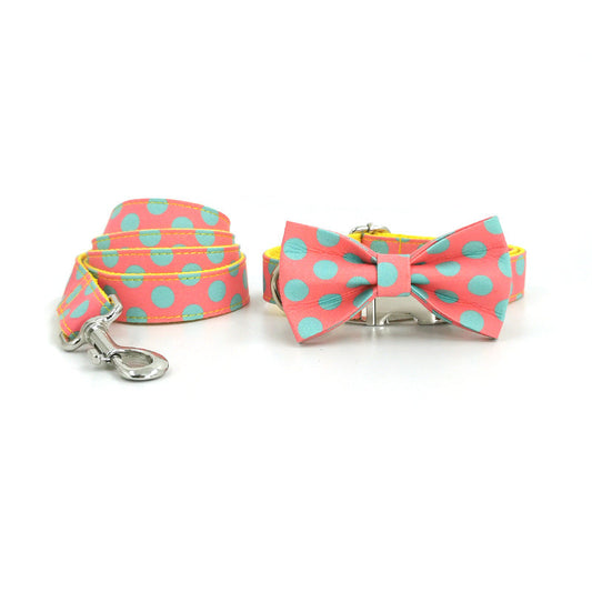 KFX-2554941 Polka Dot Yellow Dog Collar with Leash and Bowknot - XS to XL Sizes Available