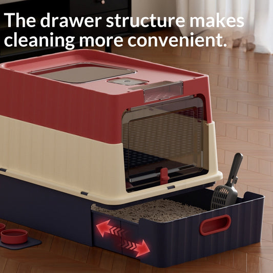 KFX-2568125 Extra-Large Enclosed Cat Litter Box with Cube Drawer and UV Sterilization in Off-White