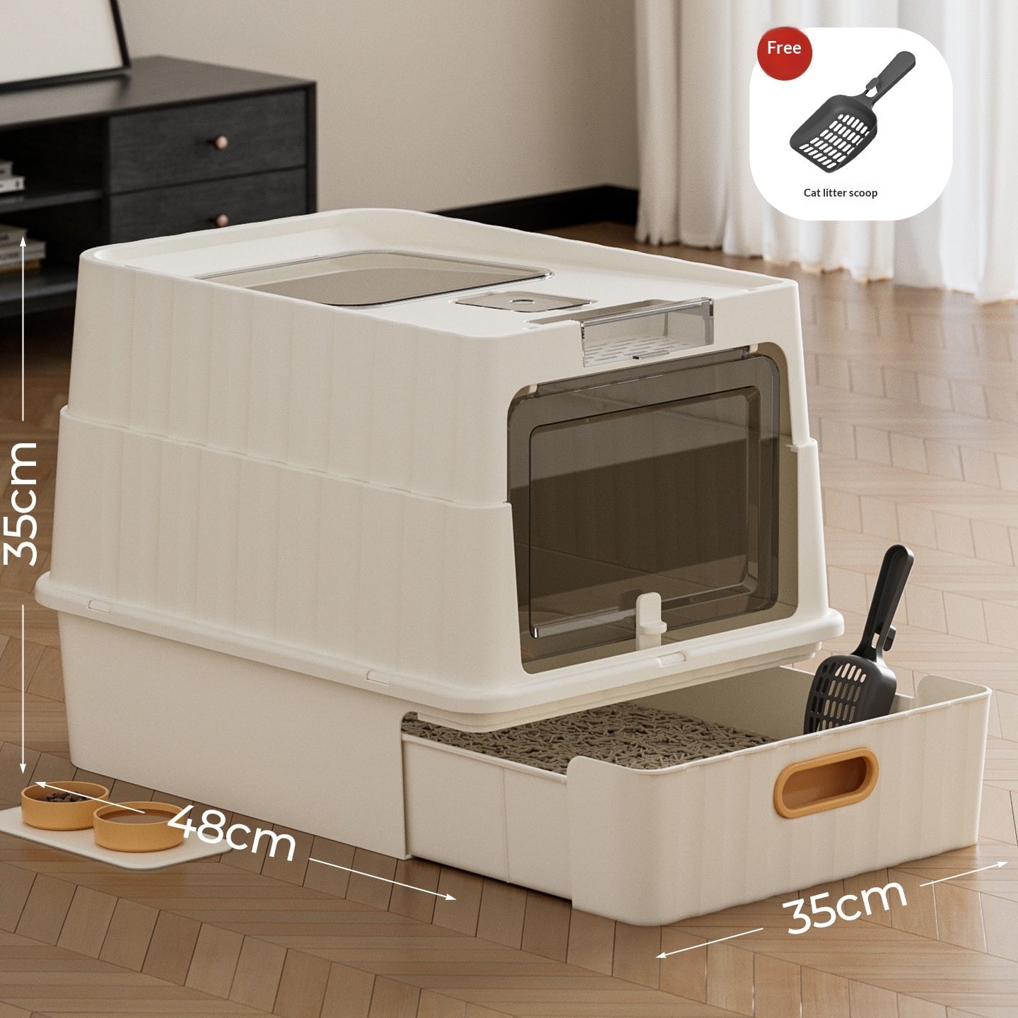 KFX-2568125 Extra-Large Enclosed Cat Litter Box with Cube Drawer and UV Sterilization in Off-White