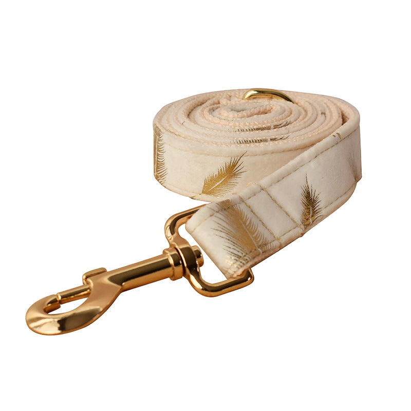 KFX-2574397 Cream Velvet Dog Collar Set with Leash and Bow Accessories in Multiple Sizes
