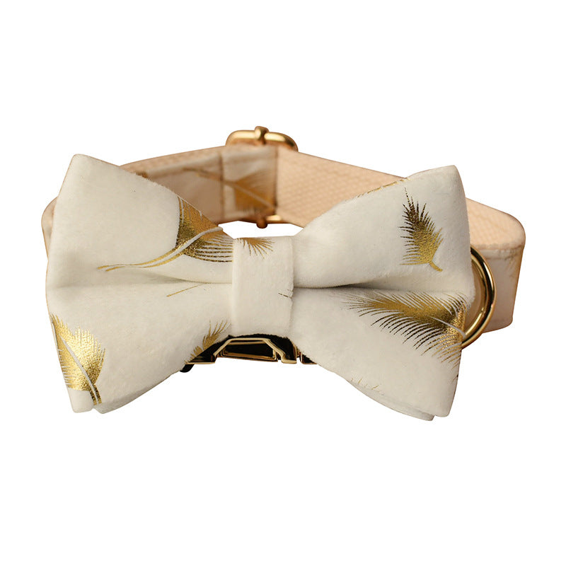KFX-2574397 Cream Velvet Dog Collar Set with Leash and Bow Accessories in Multiple Sizes