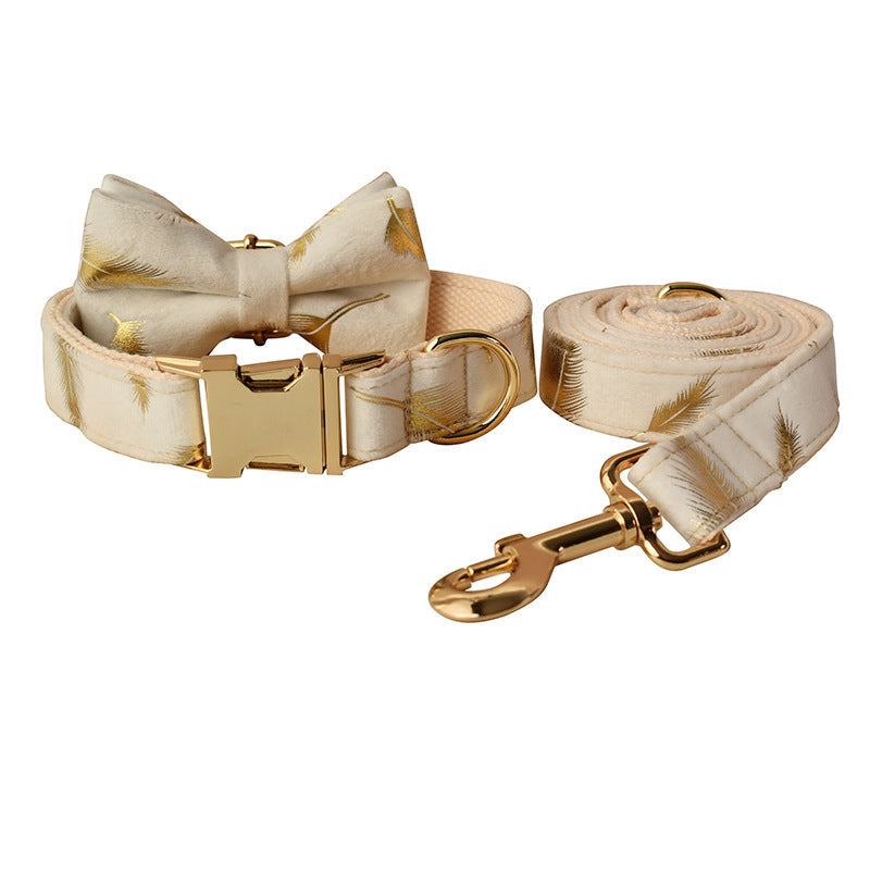 KFX-2574397 Cream Velvet Dog Collar Set with Leash and Bow Accessories in Multiple Sizes