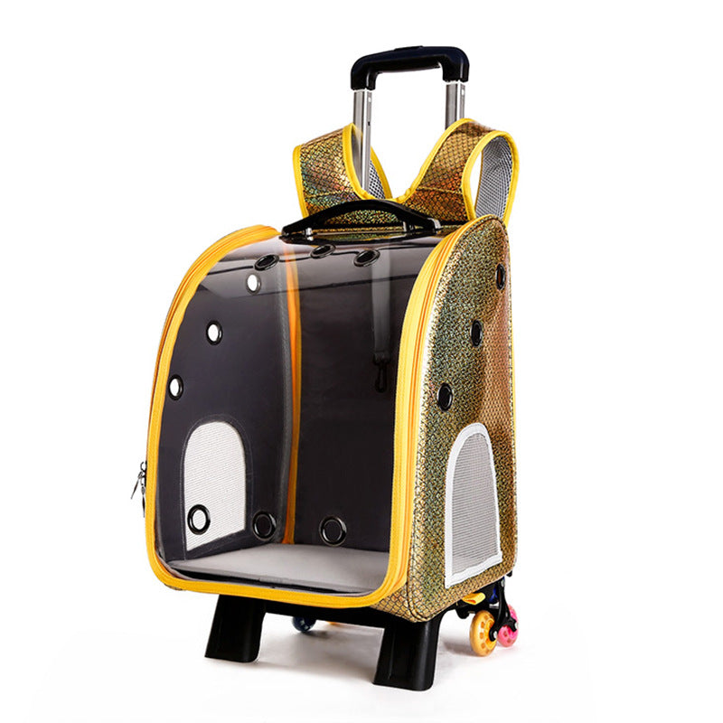 KFX-2574653 Transparent Folding Pet Trolley Diaper Bag for Small Dogs and Cats, Medium Soft PU PC and Oxford Cloth
