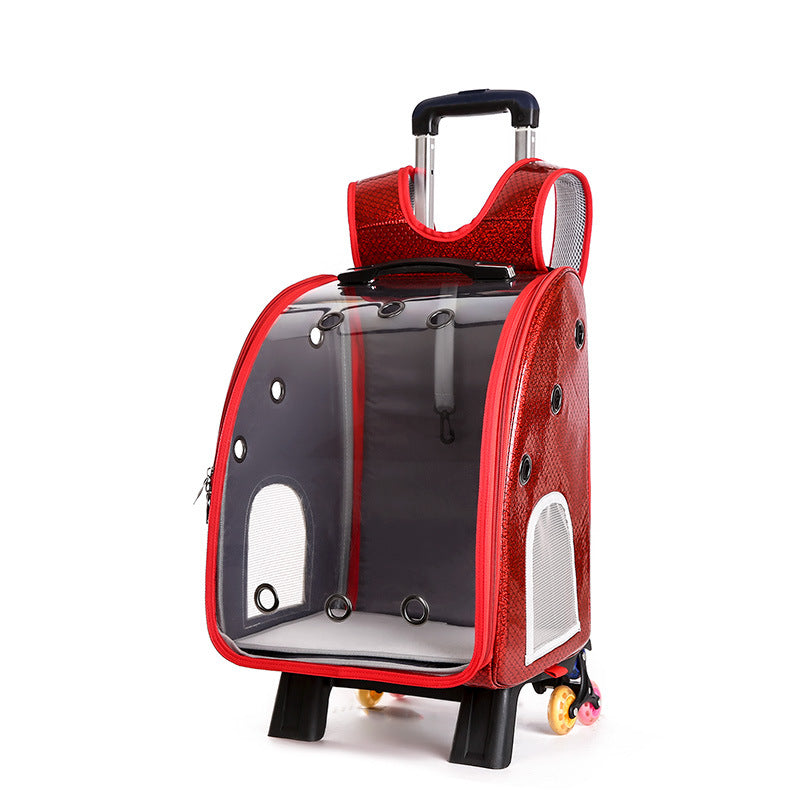 KFX-2574653 Transparent Folding Pet Trolley Diaper Bag for Small Dogs and Cats, Medium Soft PU PC and Oxford Cloth
