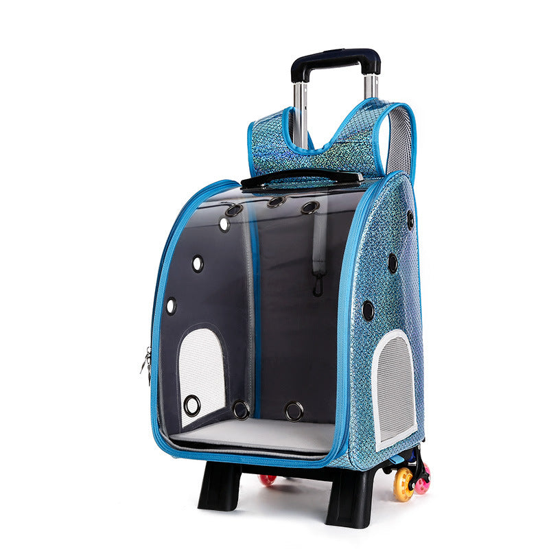 KFX-2574653 Transparent Folding Pet Trolley Diaper Bag for Small Dogs and Cats, Medium Soft PU PC and Oxford Cloth
