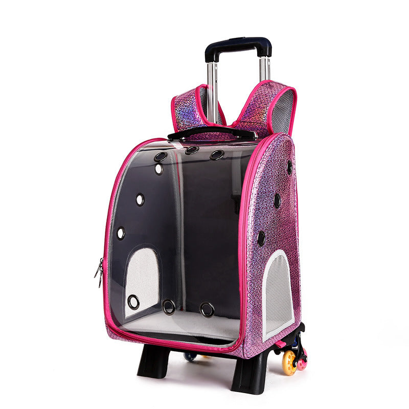 KFX-2574653 Transparent Folding Pet Trolley Diaper Bag for Small Dogs and Cats, Medium Soft PU PC and Oxford Cloth