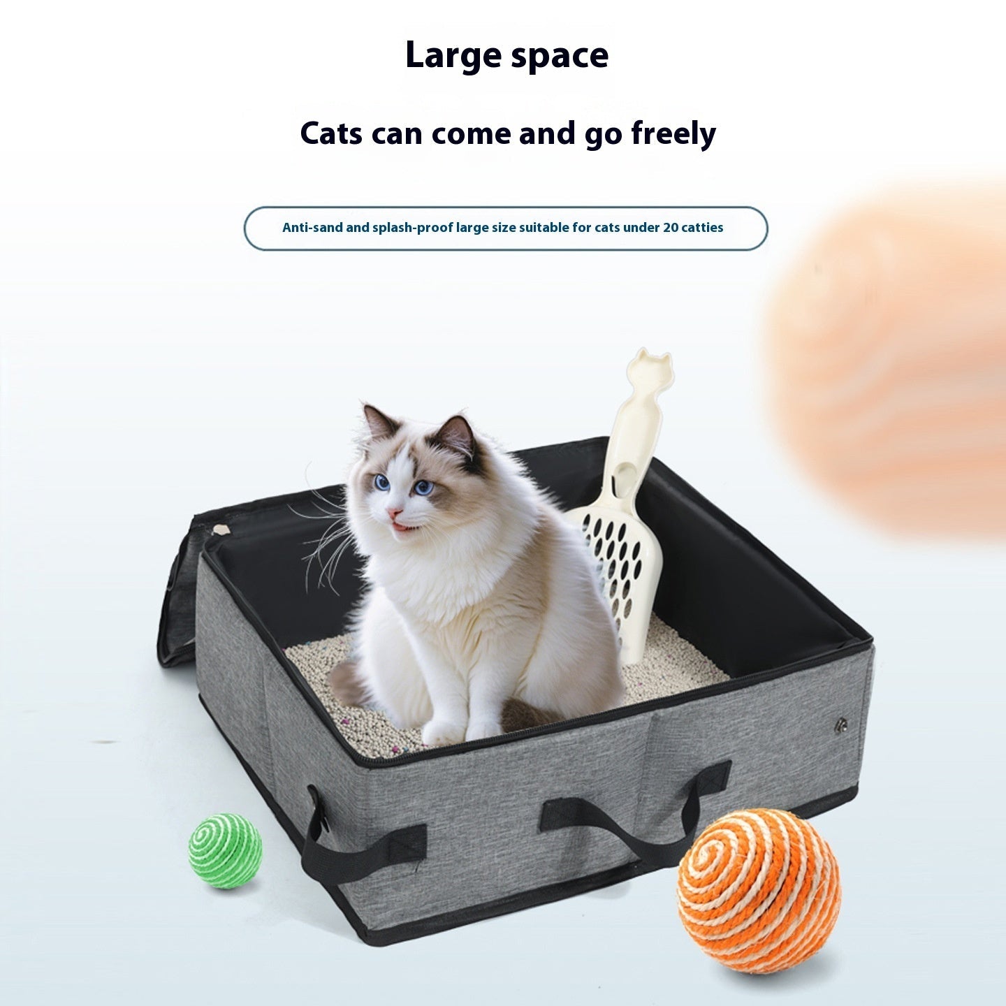 KFX-2576061 Foldable Cat Toilet, Portable Mobile Cat Litter Box, Grey & Black Oxford Cloth Design, 40x30x14cm