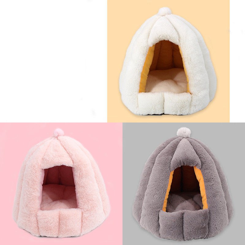 KFX-2576445 Cozy Enclosed Cat Litter Box with Warm Fabric Design in White, Pink, and Grey