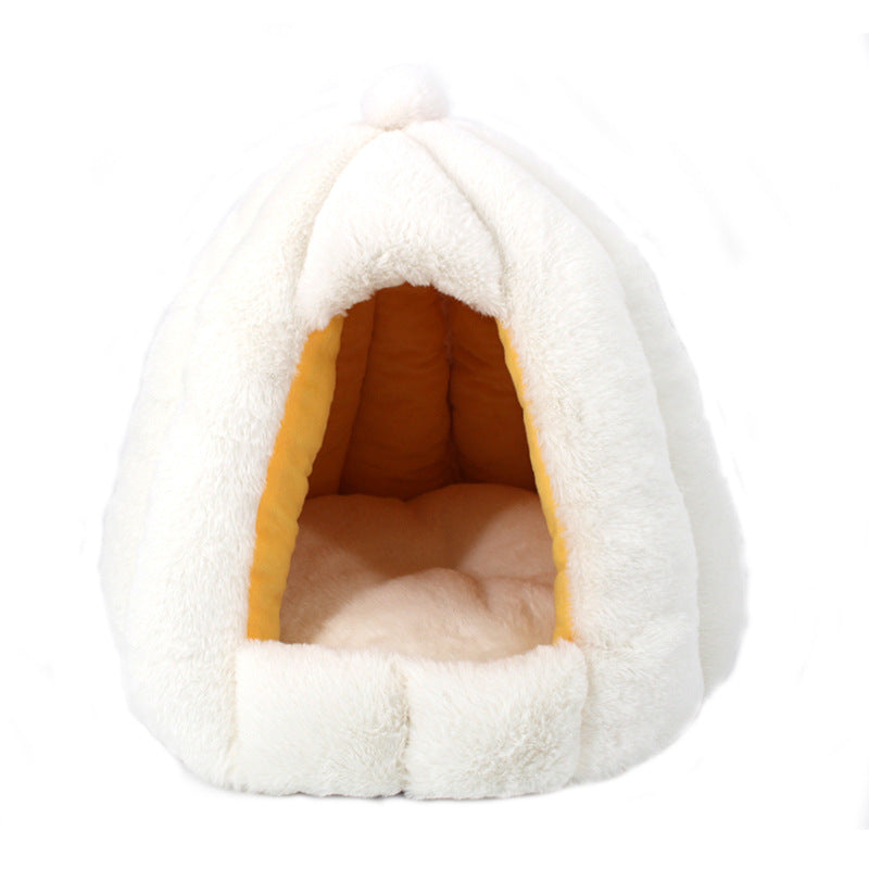 KFX-2576445 Cozy Enclosed Cat Litter Box with Warm Fabric Design in White, Pink, and Grey