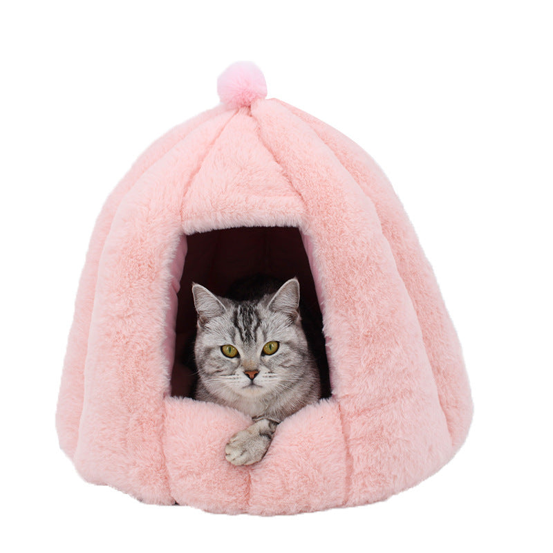 KFX-2576445 Cozy Enclosed Cat Litter Box with Warm Fabric Design in White, Pink, and Grey