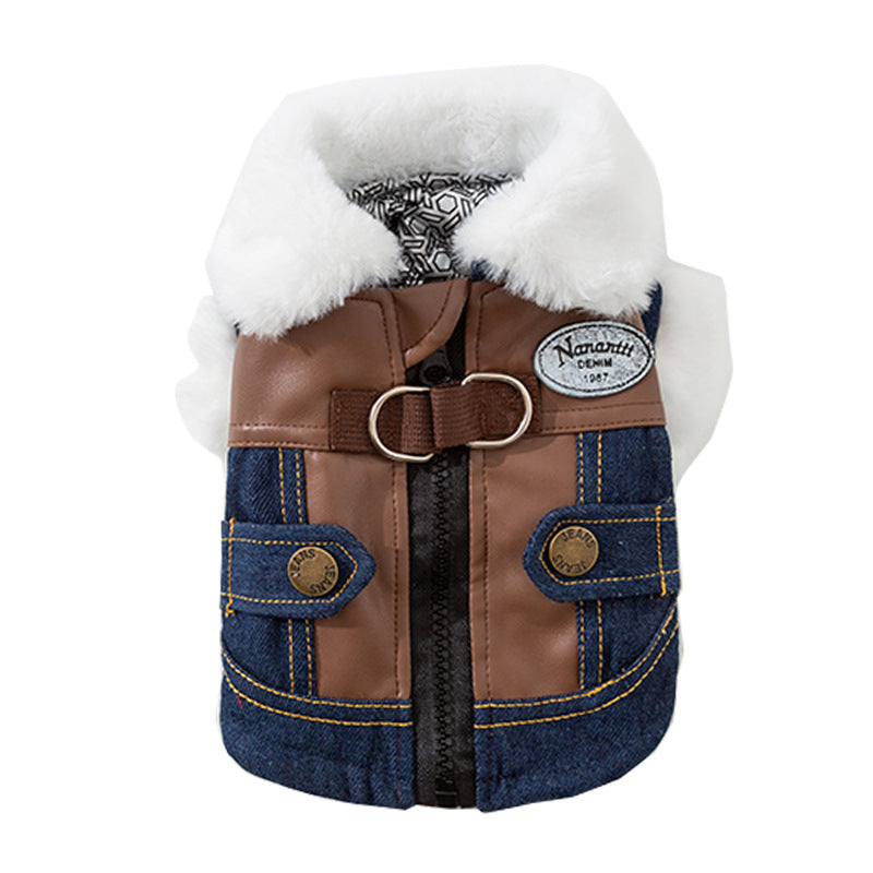 KFX-2576957 Denim & Leather Pet Jacket with Faux Fur Collar for Winter Warmth and Style