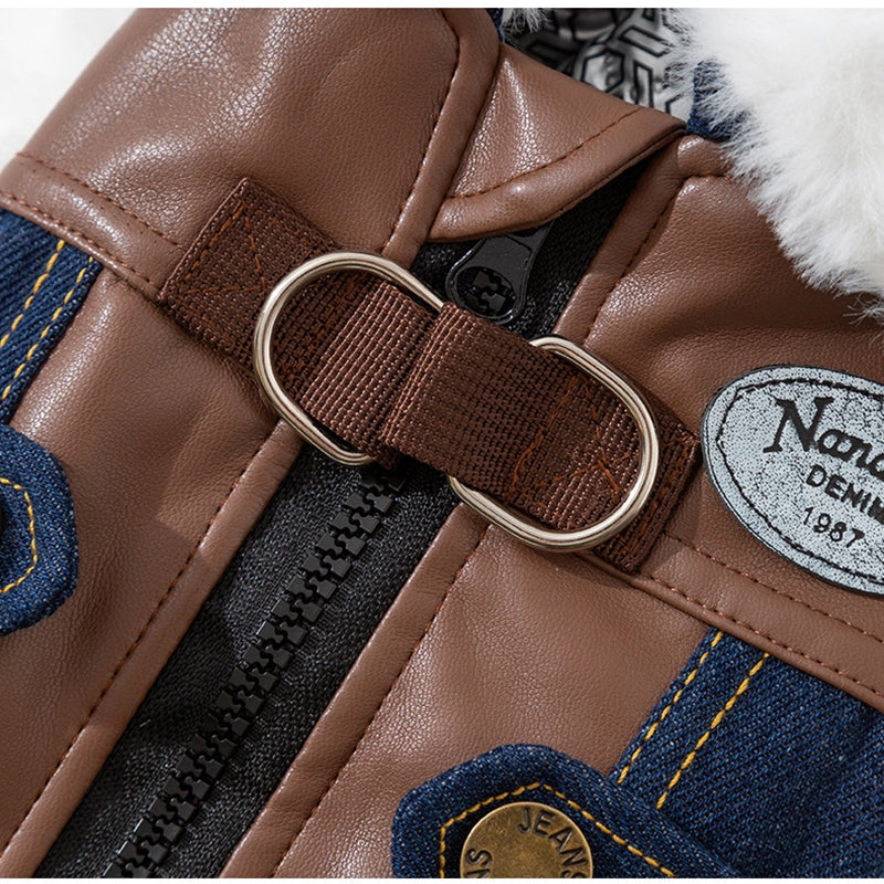 KFX-2576957 Denim & Leather Pet Jacket with Faux Fur Collar for Winter Warmth and Style
