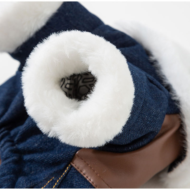 KFX-2576957 Denim & Leather Pet Jacket with Faux Fur Collar for Winter Warmth and Style