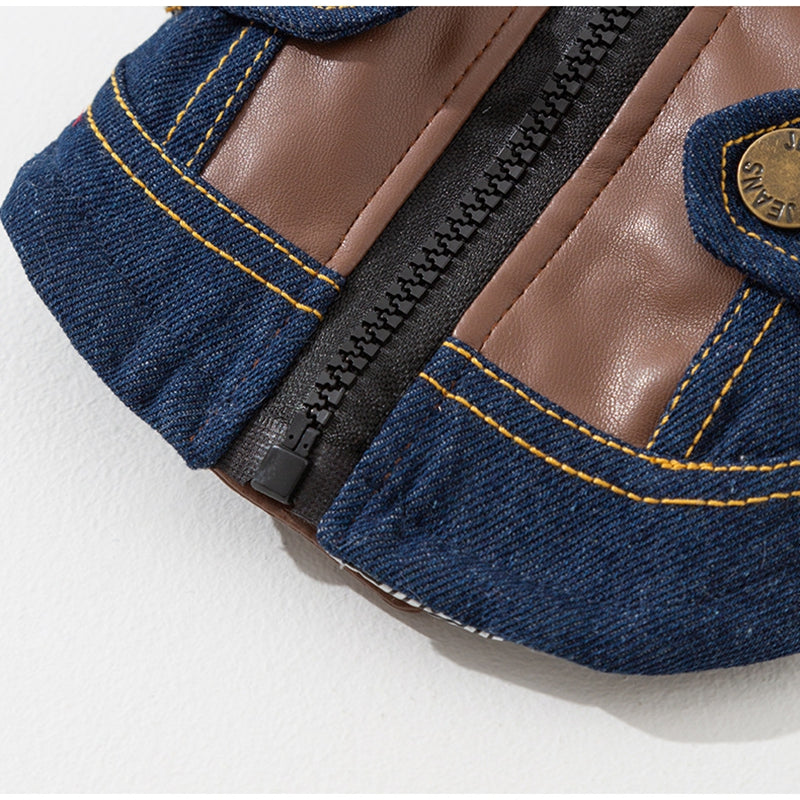 KFX-2576957 Denim & Leather Pet Jacket with Faux Fur Collar for Winter Warmth and Style
