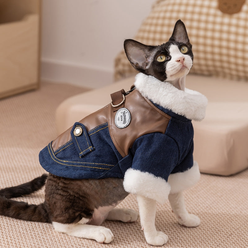 KFX-2576957 Denim & Leather Pet Jacket with Faux Fur Collar for Winter Warmth and Style