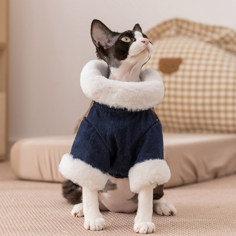 KFX-2576957 Denim & Leather Pet Jacket with Faux Fur Collar for Winter Warmth and Style