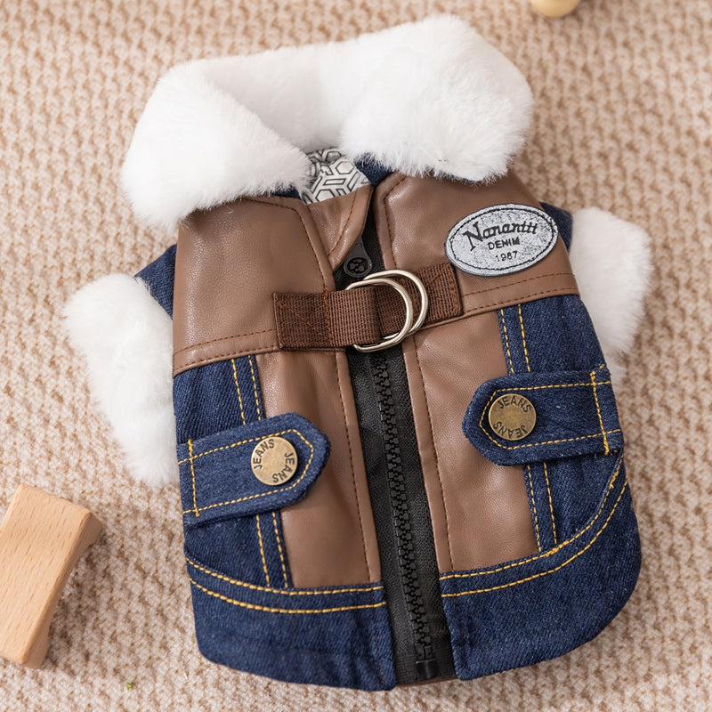 KFX-2576957 Denim & Leather Pet Jacket with Faux Fur Collar for Winter Warmth and Style