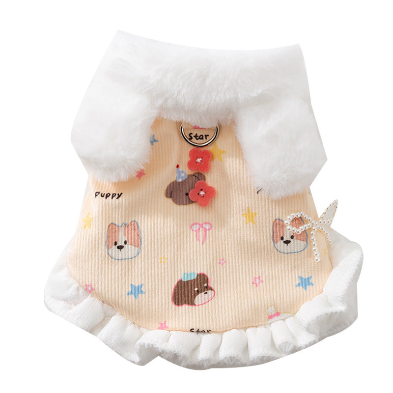 KFX-2582717 Winter Fleece Teddy Dress with 3D Ears for Small Dogs and Cats, Hooded Soft Cotton Coat