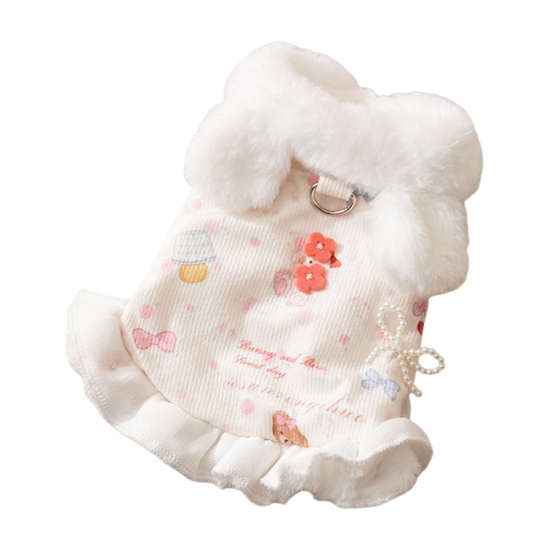 KFX-2582717 Winter Fleece Teddy Dress with 3D Ears for Small Dogs and Cats, Hooded Soft Cotton Coat