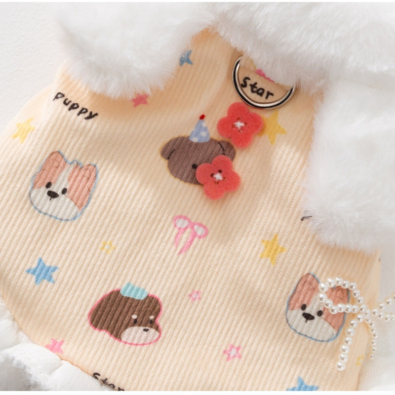 KFX-2582717 Winter Fleece Teddy Dress with 3D Ears for Small Dogs and Cats, Hooded Soft Cotton Coat