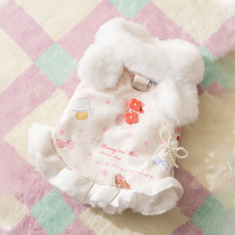 KFX-2582717 Winter Fleece Teddy Dress with 3D Ears for Small Dogs and Cats, Hooded Soft Cotton Coat