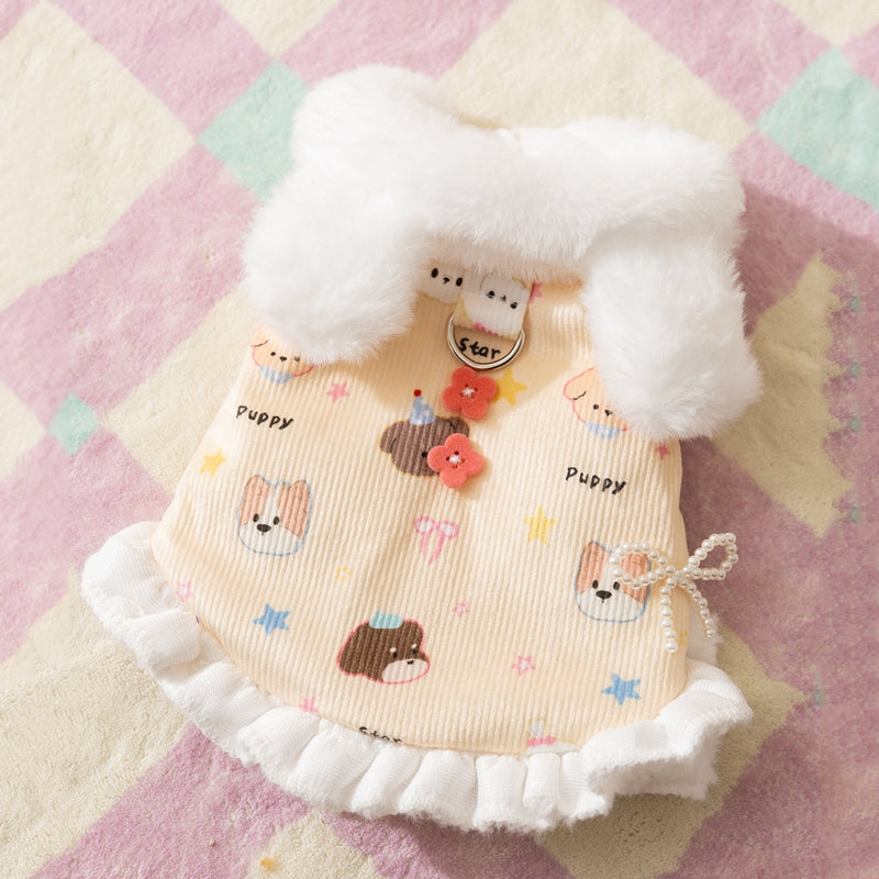 KFX-2582717 Winter Fleece Teddy Dress with 3D Ears for Small Dogs and Cats, Hooded Soft Cotton Coat