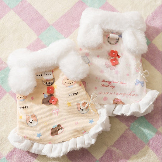 KFX-2582717 Winter Fleece Teddy Dress with 3D Ears for Small Dogs and Cats, Hooded Soft Cotton Coat