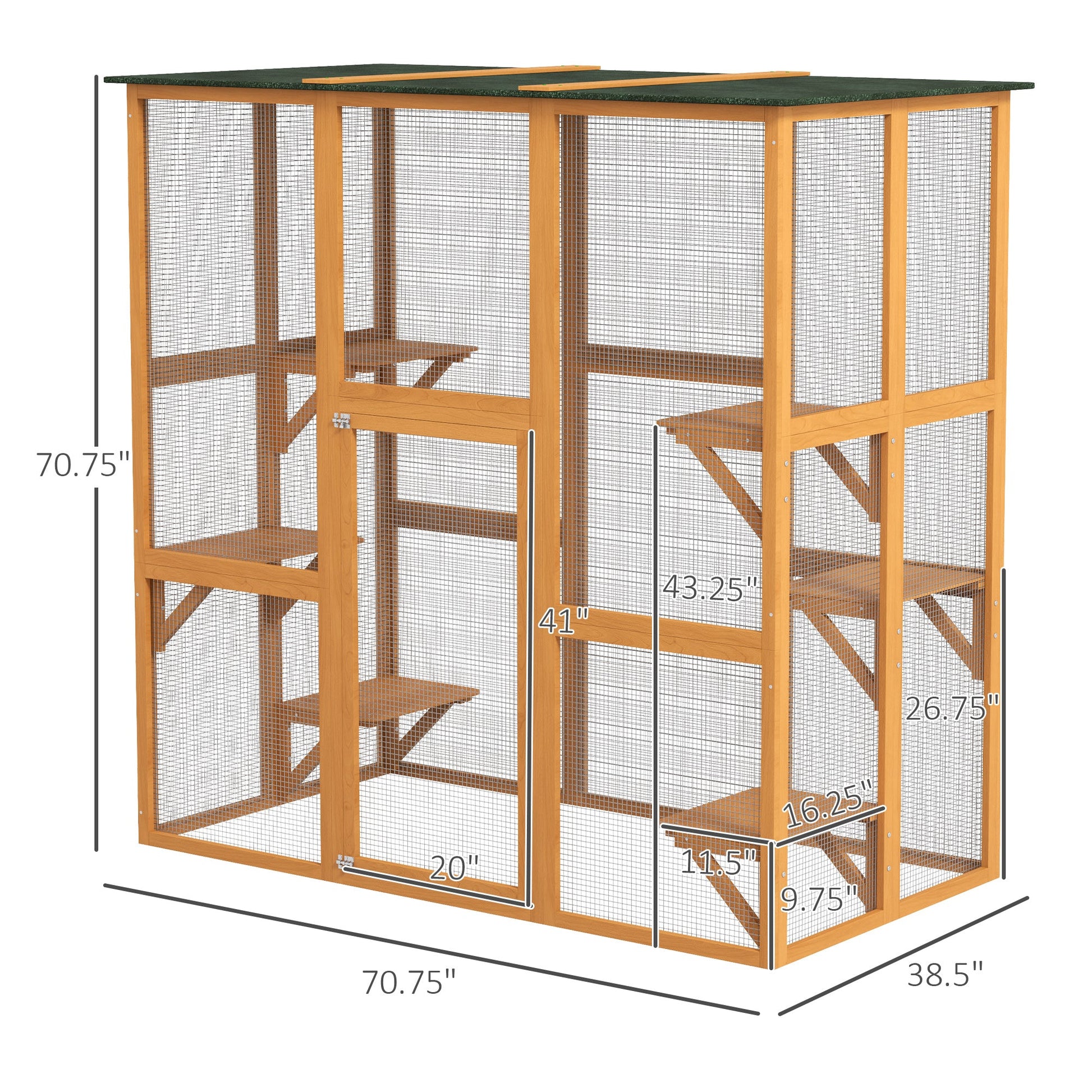 KFX-2587965 Spacious Outdoor Cat House with Six Ledges and Weather Protection, 71" L, Orange Wood Enclosure