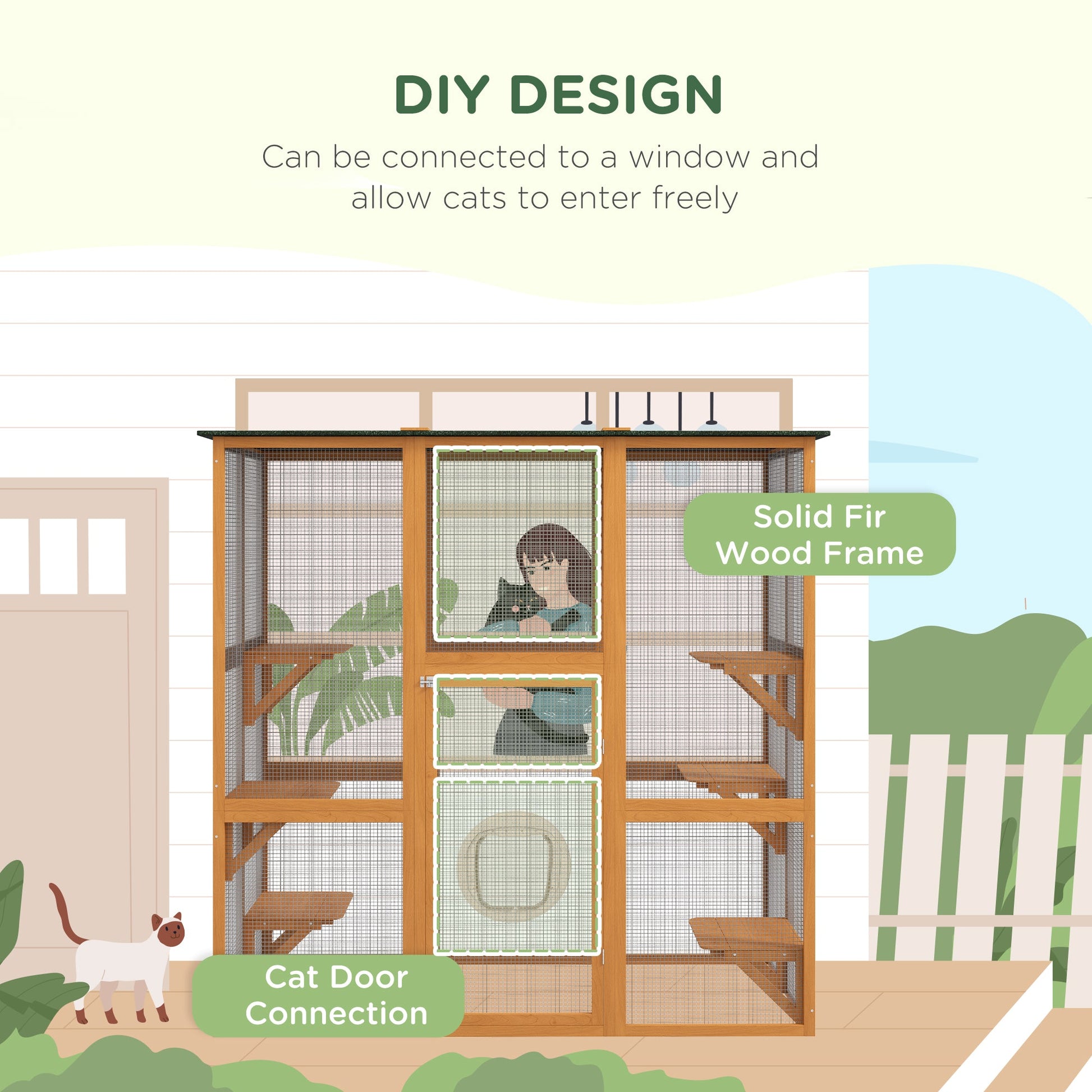 KFX-2587965 Spacious Outdoor Cat House with Six Ledges and Weather Protection, 71" L, Orange Wood Enclosure
