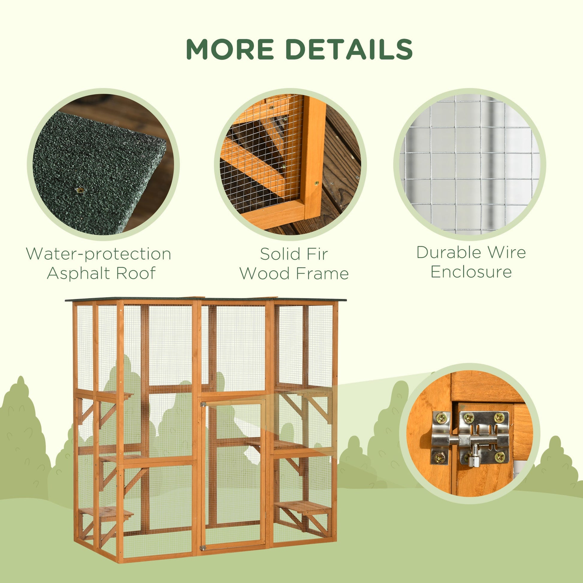 KFX-2587965 Spacious Outdoor Cat House with Six Ledges and Weather Protection, 71" L, Orange Wood Enclosure