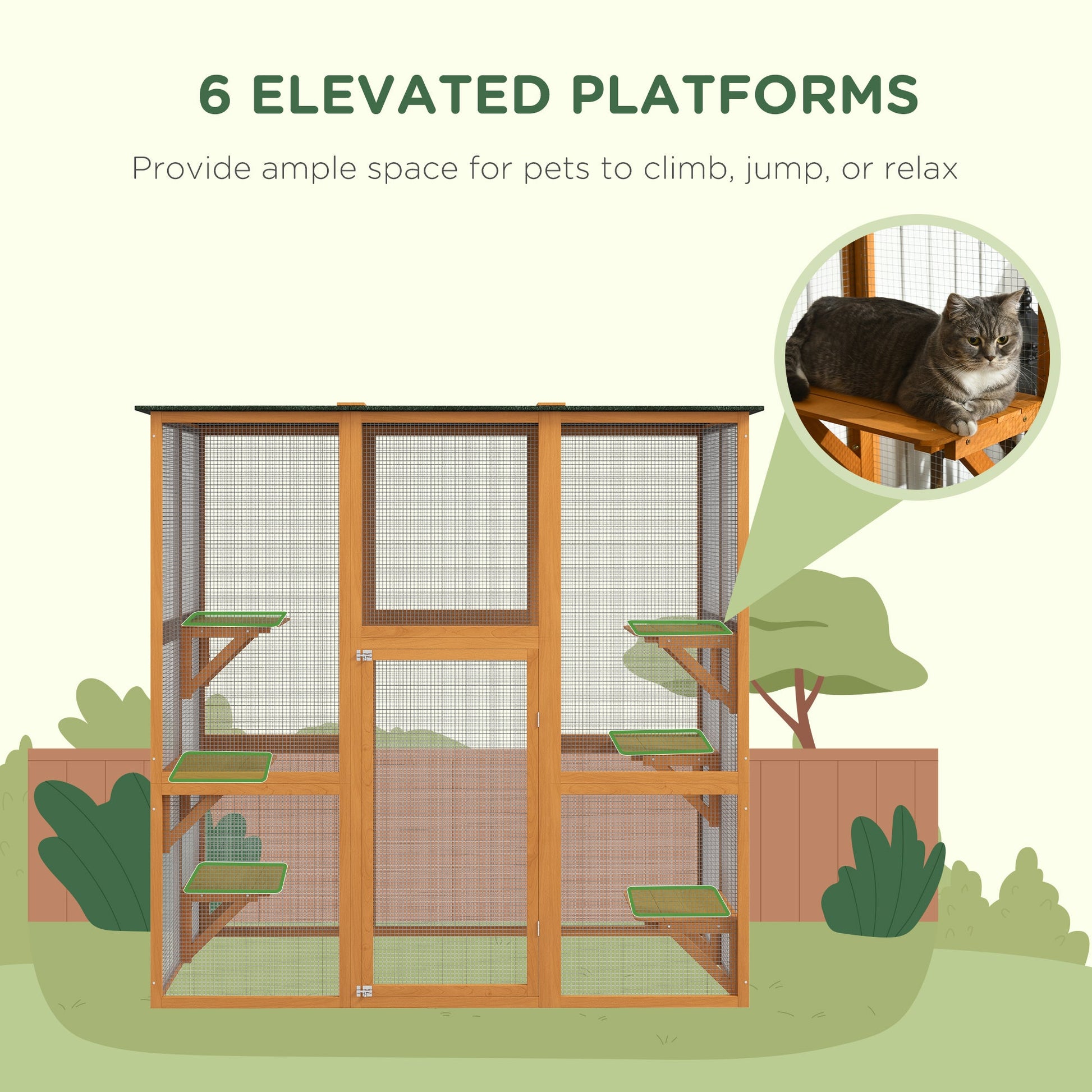 KFX-2587965 Spacious Outdoor Cat House with Six Ledges and Weather Protection, 71" L, Orange Wood Enclosure