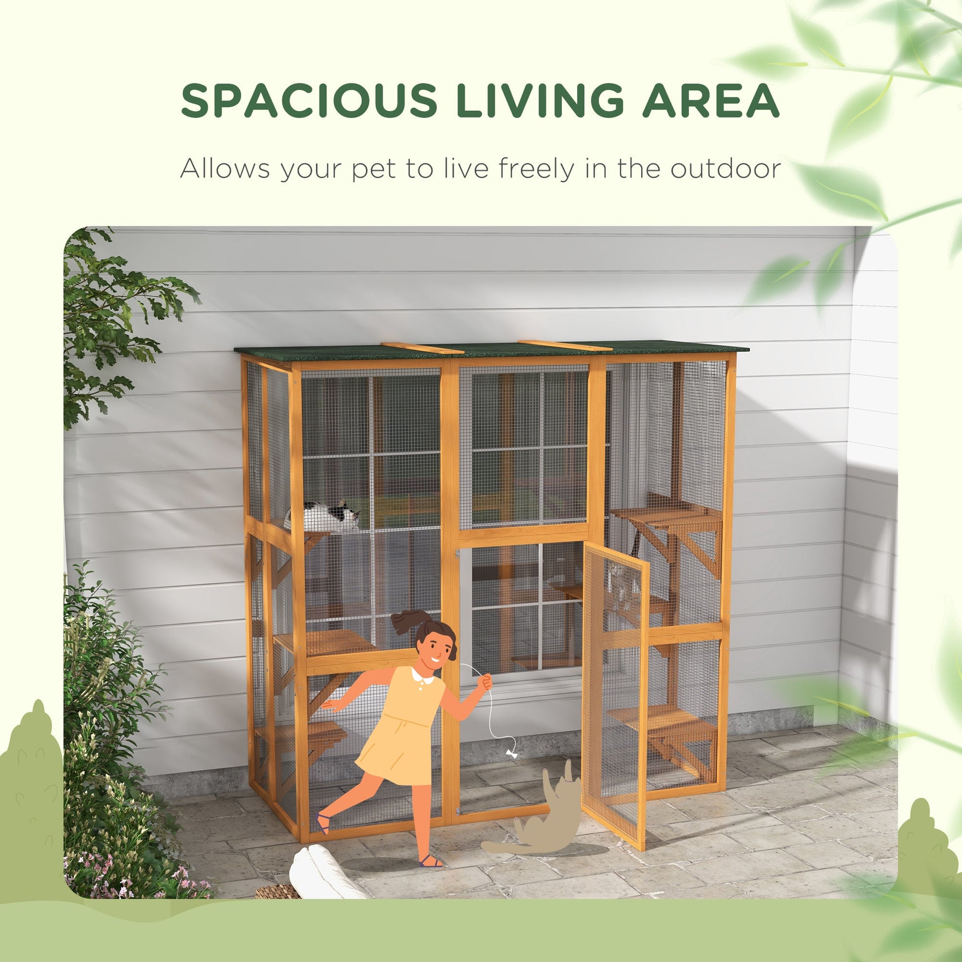 KFX-2587965 Spacious Outdoor Cat House with Six Ledges and Weather Protection, 71" L, Orange Wood Enclosure