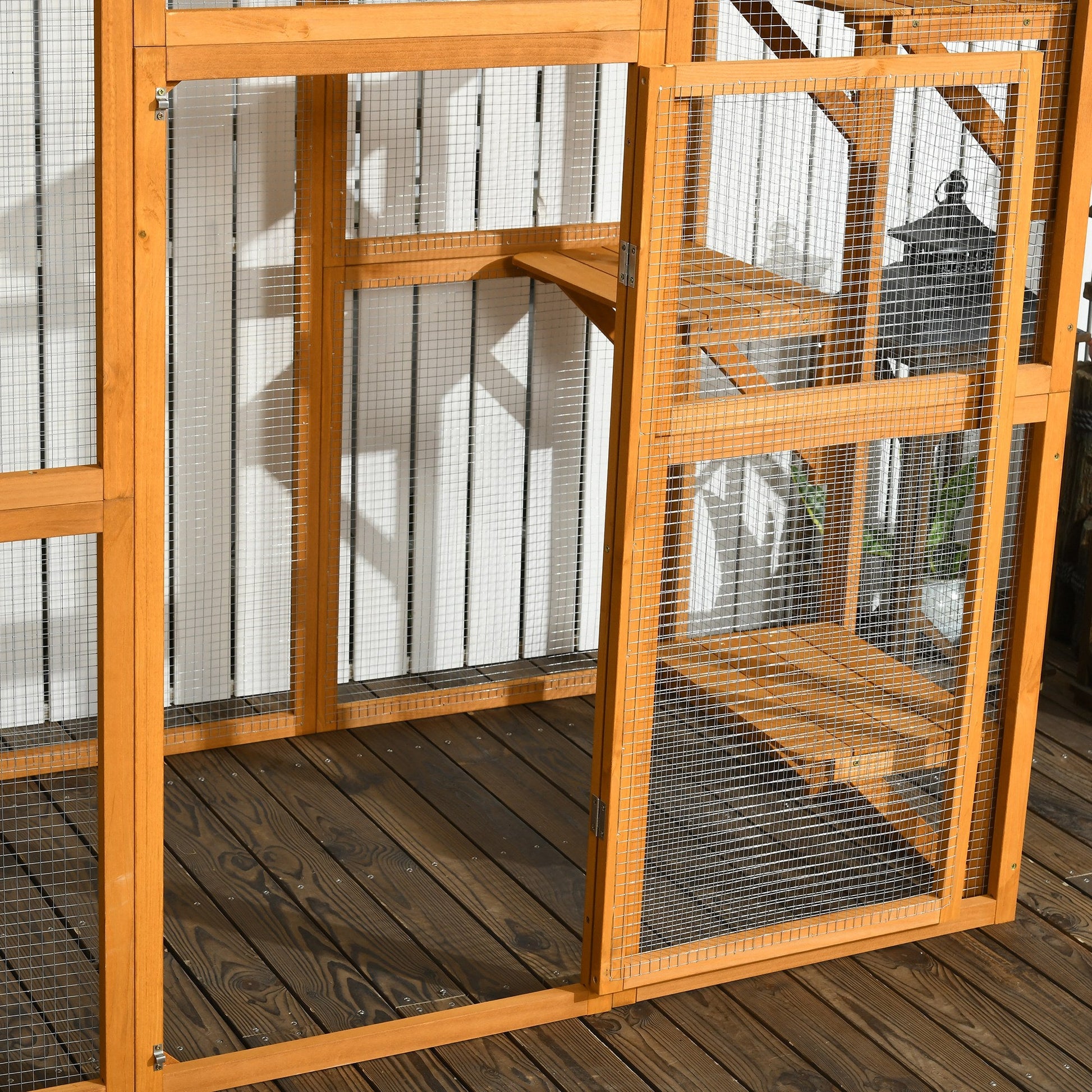 KFX-2587965 Spacious Outdoor Cat House with Six Ledges and Weather Protection, 71" L, Orange Wood Enclosure