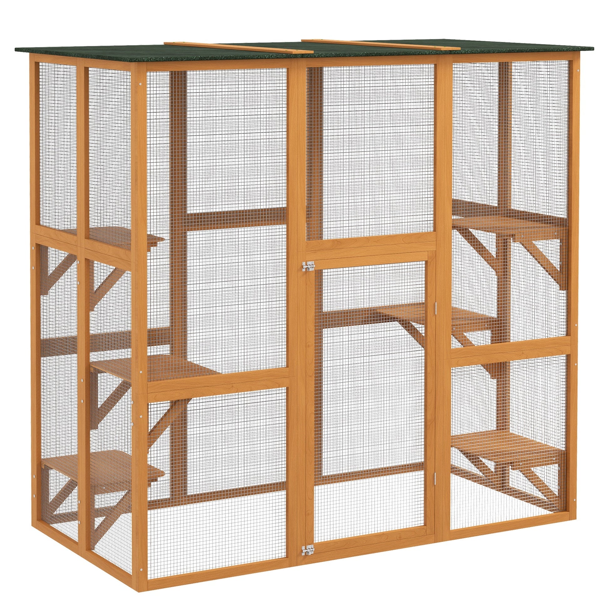 KFX-2587965 Spacious Outdoor Cat House with Six Ledges and Weather Protection, 71" L, Orange Wood Enclosure