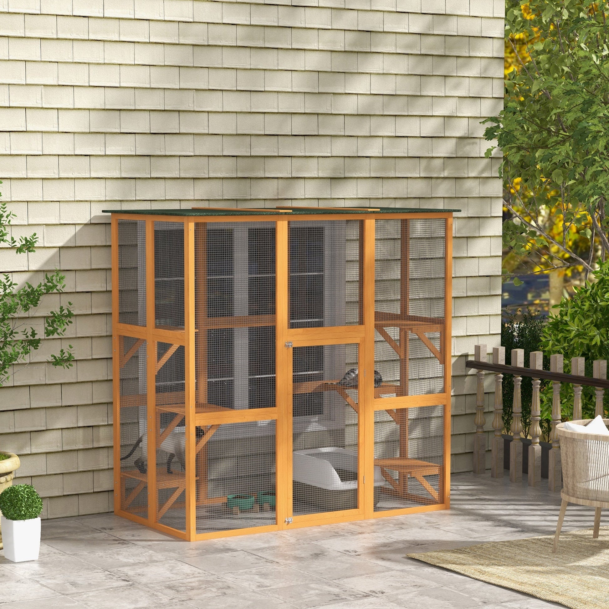KFX-2587965 Spacious Outdoor Cat House with Six Ledges and Weather Protection, 71" L, Orange Wood Enclosure