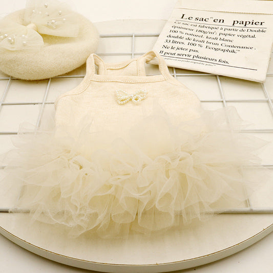 KFX-2590525 Elegant Apricot Pearl Pet Dress for Spring and Summer - Multiple Sizes Available