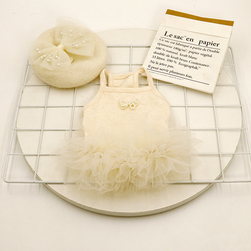 KFX-2590525 Elegant Apricot Pearl Pet Dress for Spring and Summer - Multiple Sizes Available